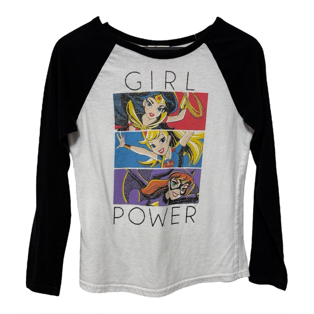 DC Superhero Girls Power Glitter T-Shirt Raglan Sleeves Girls Size XL (14-16)